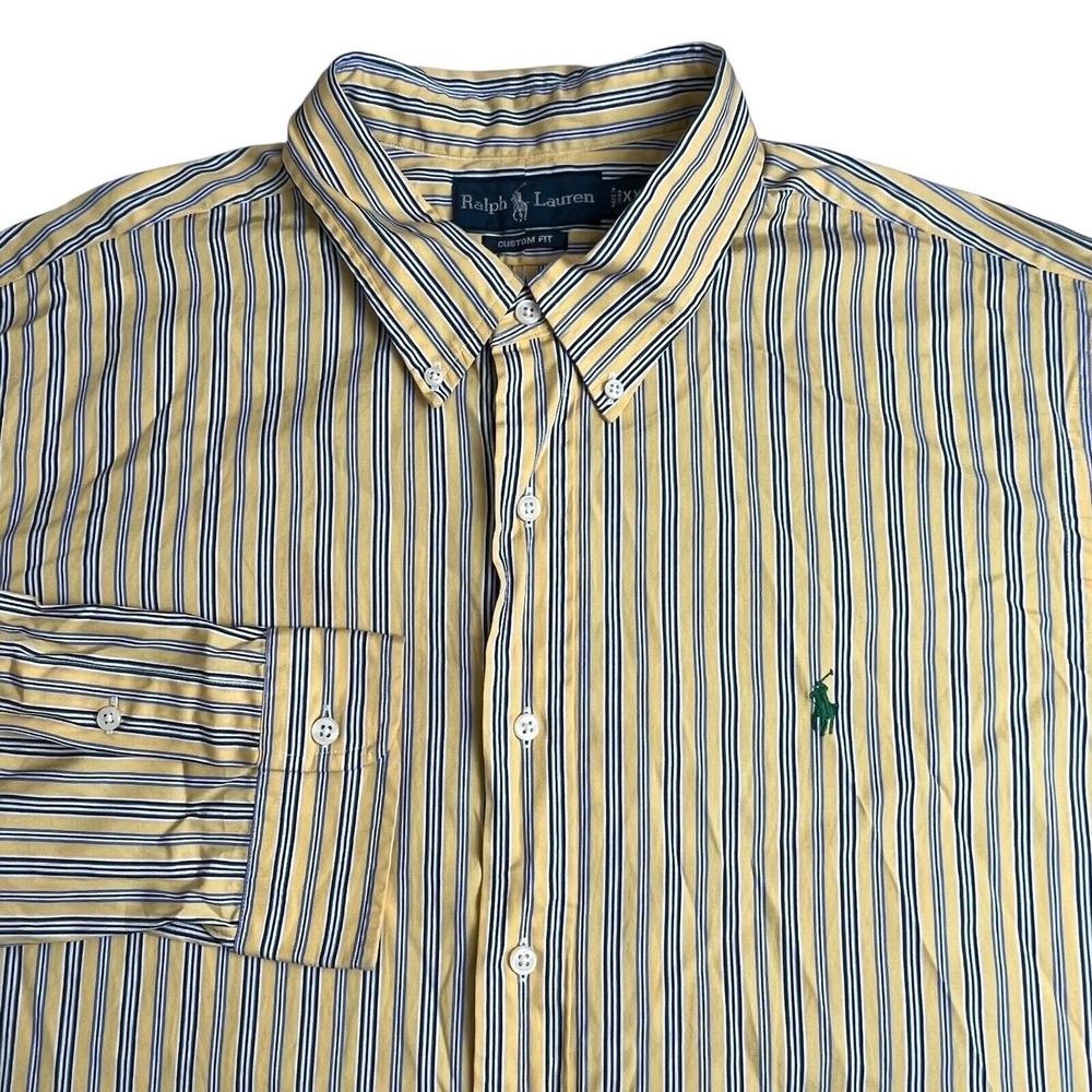 Ralph Lauren Mens XXL Yellow Blue Strip Custom Fit Long Sleeve Button Down Shirt